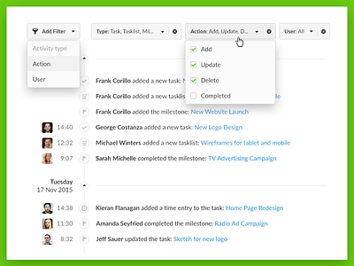 Activity Timeline with Filters and Reset dropdown filters interaction reset timeline ui ux solution