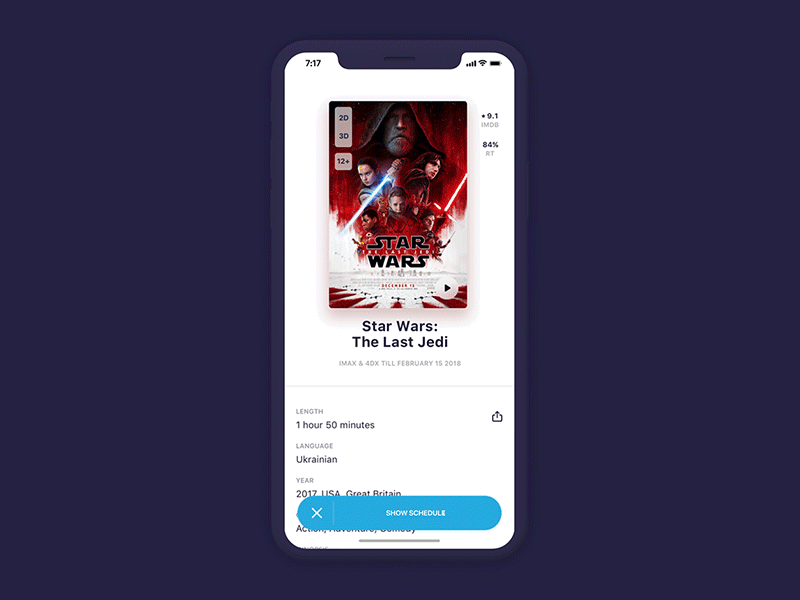 Planeta Kino App app cinema filter interface ios iphone x mobile design mobile ui motion movie schedule ux