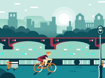 city life a chair bicycle bridge building lake street lamp