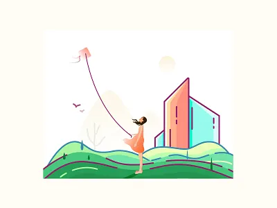 Girl flying a kite girl illustration kite flying park pretty temperament
