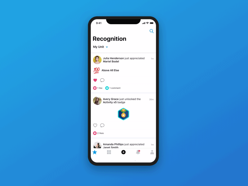 Appreciation appreciation feed interaction iphonex social tab bar ui ux