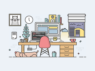 Theme Workshop Hero camera chair clock code desk dog laptop mac office plant window