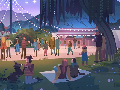 Festival couple dog family festival fireworks food court illustration night people