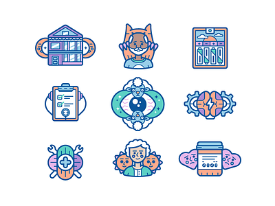 Icon Set batteries brain dreams elderly eye health house line art medicine nightmare old sheep