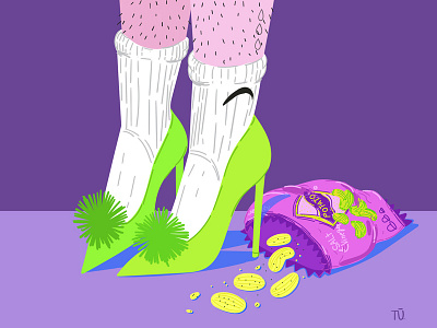 poor fancy life_legs aesthetics fashion fashion illustration fast food feminist hairy legs high heals pom poms potato chips socks trash illustrations women