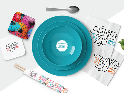 Péngzû Asian Cuisine Restaurant Branding asian branding chopsticks coasters colorful layout logo napkins parasols restaurant typography umbrellas