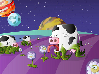 Space cows alien cows extraterrestrial flowers galaxy illustration meteorite planet satellite space stars universe