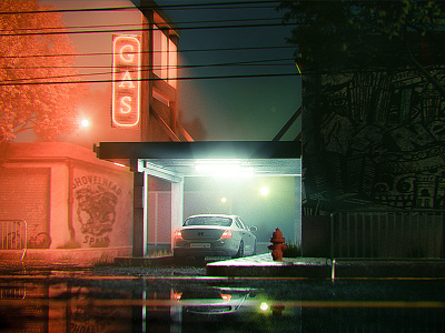 Gas station in fog 3d