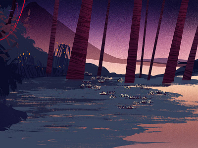 Journey illustration jungle landscape mountain nature south sunset travelling trees