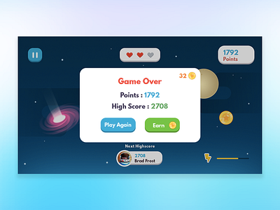 Game Over 💥 app game health over pause profile score stars sun ui ux war