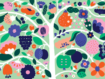 Fruit Tree colorful flat color flowers fruits fun leena kisonen nature scandinavian style tree