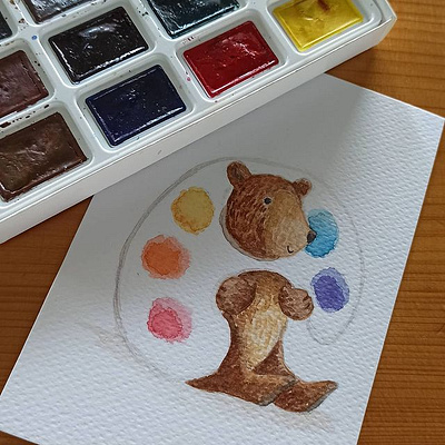 playing with palette bear card illustration paints