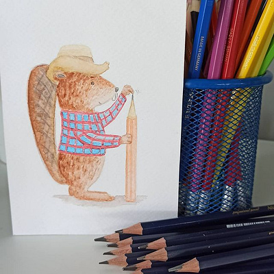 sharpening pencils animal card illustration watercolours