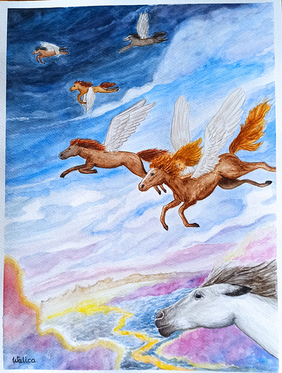 fly high animals flying horses illustration watercolour