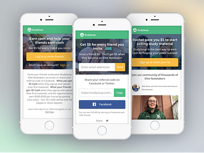 StudySoup Elite Notetaker Referral Program Mobile UI college elite notetaker mobile refer a friend referral school study studysoup ui ux