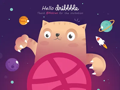 Hello Dribbble ai cat color dribbble happy hello pink rocket vector violet wellcome