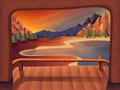 Lake Deck dusk illustration lake mountain painting photoshop sky sunset