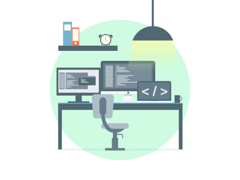 Developer Workspace 2d animation developer flat icon illustration motion workspace