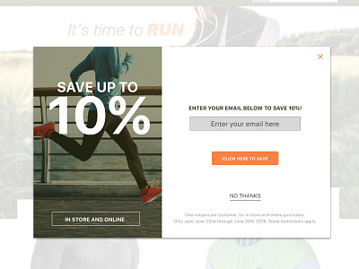 Run Modal design discount modal online run running sale save store ui ux website