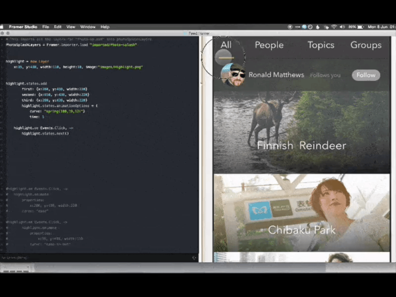 Navigation Slider app code framer mobile prototype. design ux
