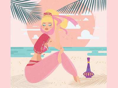 Jeannie's Vacation Dreamin' art beach digital flat design genie i dream of jeannie illustration illustrator sunset woman