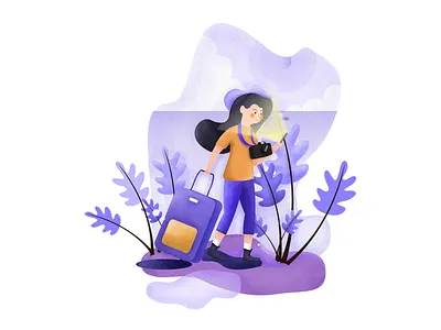 Take a trip camera girl illustration person plant purple sky suitcase