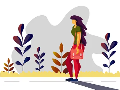 going to work bag character design colors girl. illustration plants