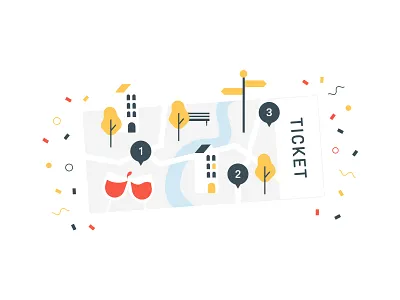 Ticket buildings city citytrip confetti map ticket tour trees