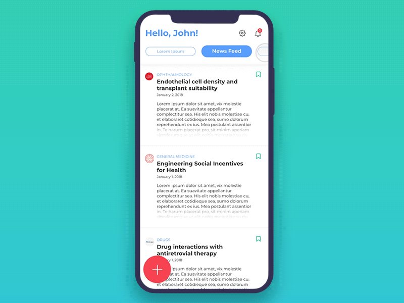 Doctor's companion. News feed animation application design interaction menu principle sketch ui