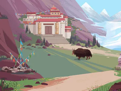 Tibetan temple asia buffalo illustration mountains ovoo temple tibet