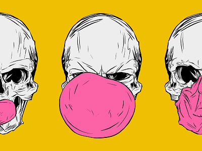 Piece of my poster "Be refreshed ... chew!" bubble gum fun humour illustration pink pop art skulls yellow