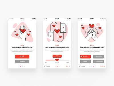 Data Donor — Getting Started app data donor getting started hand heart icon illustration interface mobile. ui ux walkthrough
