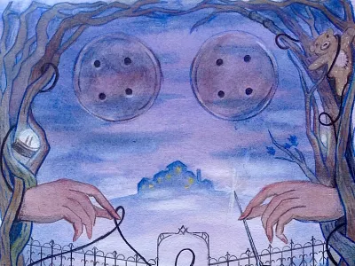 Coraline Cover Design (Top Half) background design book art book cover character design childrens art concept design drawing free hand illustration mixed media painting watercolor