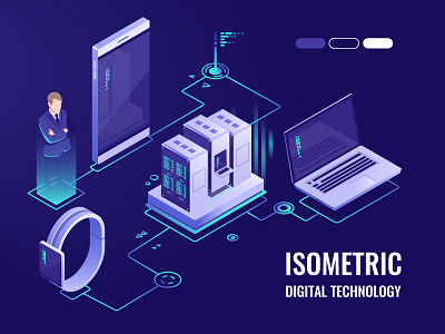 Digital technology isometric computer data datacenter digital electronic isometric laptop man phone smartwatch technology