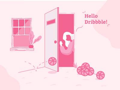 First shot! balls design first shot hello ilustration invite person pink window