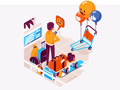 Social airport airport app illustration isometric luggage patswerk phone snowboard social media vector