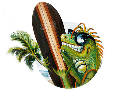 Iguana Surfer beach green iguana illustration palm surfer