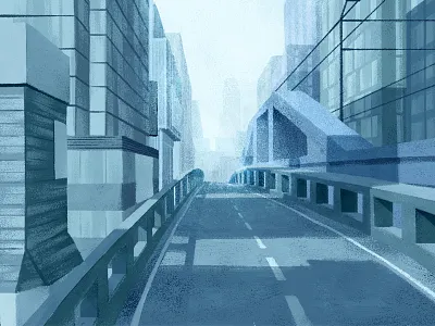 Flyover bridge building flyover gouache modern morning rail shadow skyscraper smog