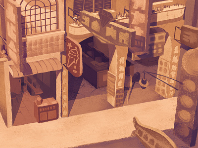 Old Market 3 gouache history market memory nostalgia old retro shop street time vintage warm