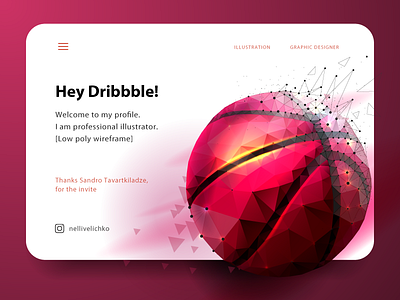 Hey Dribble! ball banner dribbble hello hey hi illustration low poly wireframe pink post ux web