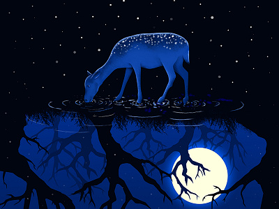 Deer in the moonlight deer design digital environment experience forest illustration mew moon tree view water