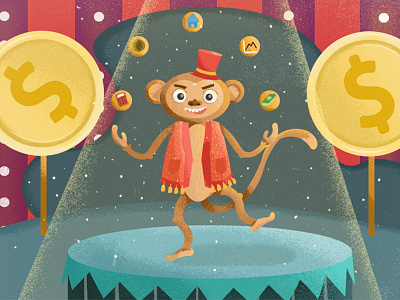 Monkey Business animals art circus coins colorful design finance graphic illustration jugglers money monkey