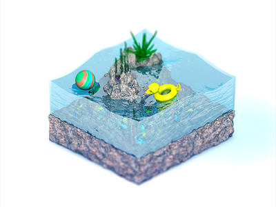 Little piece of sea 3d aquarium cartoon design garden illustration isometric modeling sea