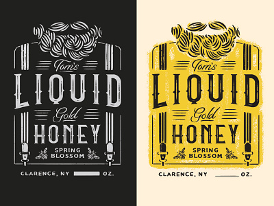 Tom's Liquid Gold Honey Branding & Packaging Design beard bearded man bee burly man design gold hand lettering honey label packaging design spring suspenders