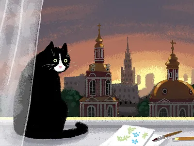 Moscow sunset cat church city cityscape illustration moscow sketch sunset view window