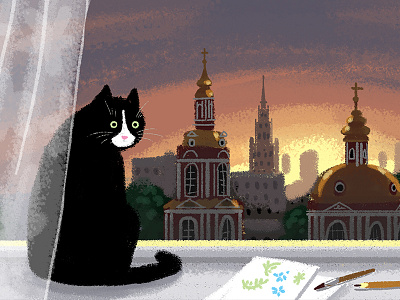 Moscow sunset cat church city cityscape illustration moscow sketch sunset view window
