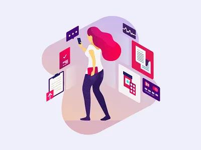 Illustration for Landing page blue illustration isometric landing page medicine mobile red technology walking women