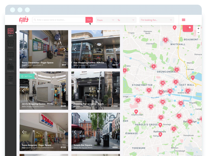 Fillit - Rent Page 2017 booking design dublin fillit filters map menu product recording rent ui ux