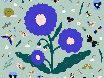 Friday Flowers bugs butterfly color harmony feminine flat color floral flowers illustration nature snail