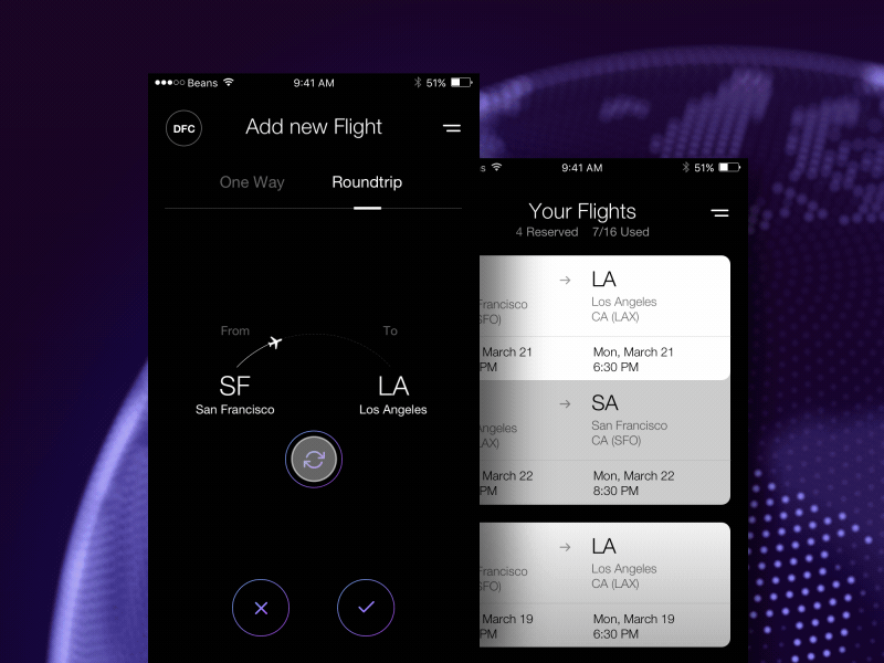 ✈ Digital Flight Club app booking flight interactions interface planning ticket transition ui